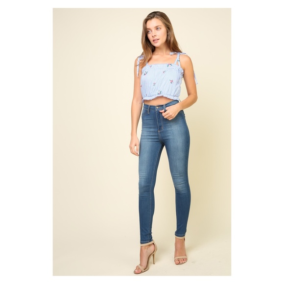 Blue Striped Floral Embroidered Ruffle Crop Top - Picture 3 of 6
